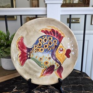 Vintage "Under the Sea" Hand Painted Fish Platter Stoneware T.S. Inc. 11" Plate